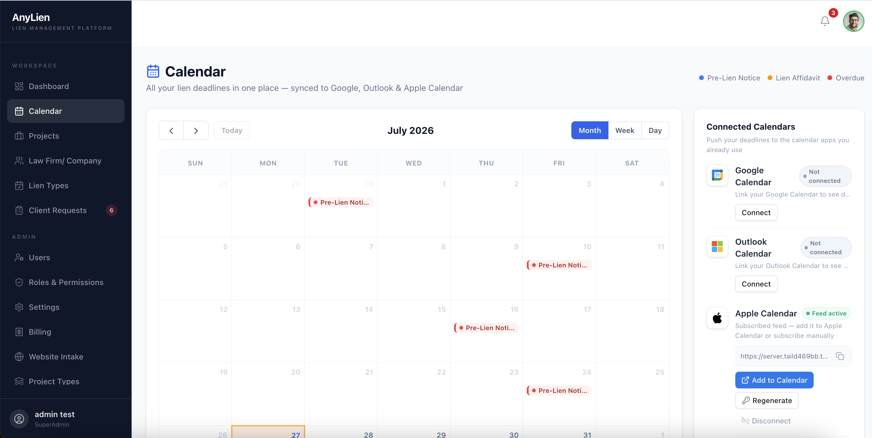 Client portal calendar showing lien deadlines synced to Google Calendar, Outlook, and Apple Calendar